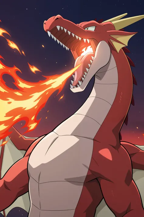 Red dragon breathing fire, Cartoon style is anime, I don't want a fund