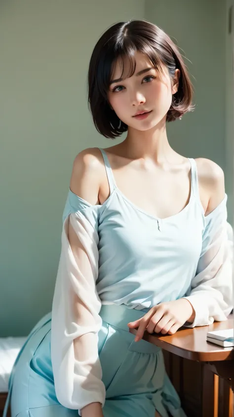 ( top quality ,   table top bed:1.2,  Ultra High Definition,  realistic :1.5),  RAW photo,  Japanese woman, pretty girl, cute girl, one girl ,  off shoulder,   in the dark  ,  deep shadow , dim lighting,   cool tone  ,   mesmerizing gaze on the outer corne...