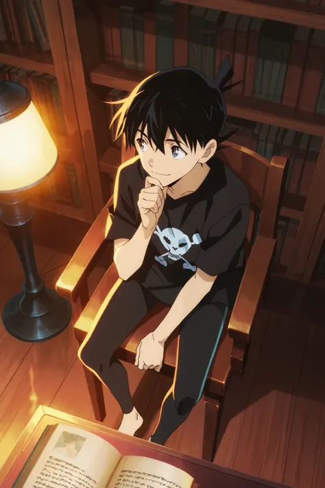 High-quality, Screencap anime , kudo shinichi, 1young man, high angle, sitting on a chair, in kudo yusaku's library, looking away , smart smile, full body, thinking, black t-shirt, leggings, warm light lamp
