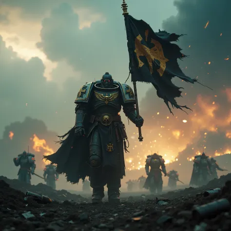 cinematic film frame, [low angle, ground level view, Ultram40k dramatically walking towards the camera on a battlefield, dressed in black electric armor .  in your right hand, He holds a large , torn flag with golden runes, shaking dramatically in the wind...