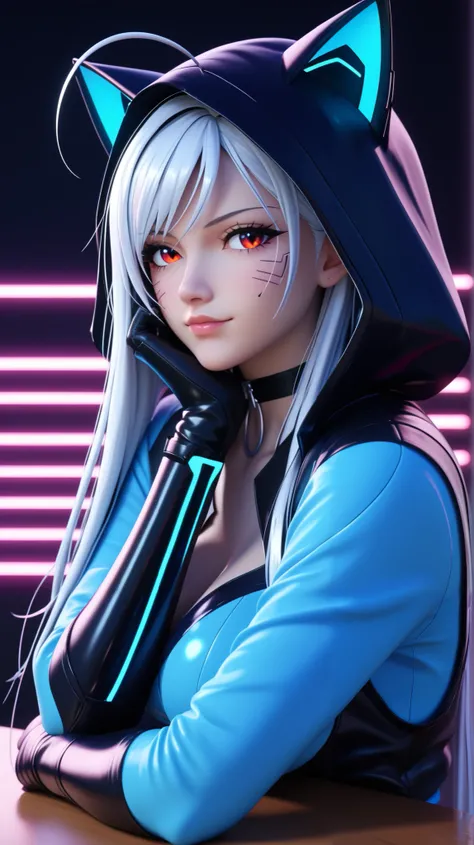 vampire moka akashiya, long hair, red eyes, ahoge, white hair, large breasts,black theme, cyberpunk-themed outfit with cat-ear hooded bodysuit, closed-fitting sleek black and neon blue bodysuit hoodie with glossy metallic texture, black fullbody cat-suits,...
