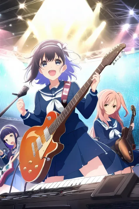 Band of 5 anime girls, dressed in schoolgirl uniforms, colored hairs , different instruments (guitar, under, Battery, keyboards), stage with colored spotlights, General plan of the girls