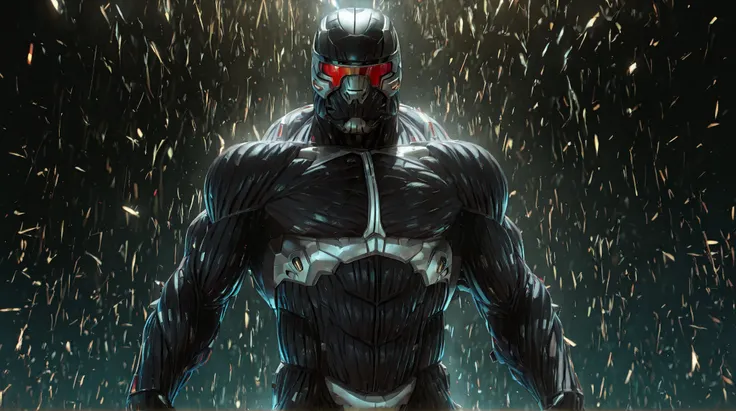 Sharp focus, masterpiece, 8k, Realistic,cinematic realistic, hyper detailed, high detail, best quality, perfect colors, perfect shadows, perfect lighting，nanosuit,(masculine:1.8),musclar,bodybuilder nanosuit，nanosuit helmet