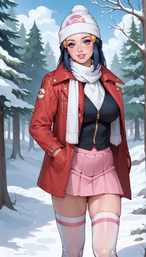 ((Dawn from Pokemon)), ((big perfectly round gravity defying fake )), dark blue hair bimbo slut, adult age 25, gorgeous feminine supermodel face, detailed blue eyes, bimbo lips, Dawn's white hat, white scarf, winter red coat very busty, pink pleated minisk...