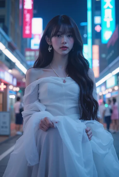 editorial photography,super detailed background,Super realistic,double exposure,depth of field,beauty super slender skinny vides,soft_focus tone,narrative scene,full-body_shot,oriental superstarcyberpunk,Nighttime entertainment district illuminated with ne...