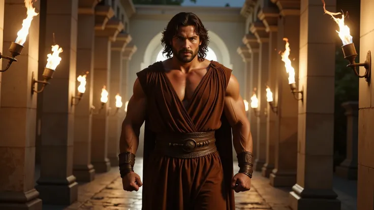 Hercules walking resolutely towards the observer, his fists clenched, muscles tense, and fury blazing in his eyes. It's nighttime, and he moves through a corridor of torches casting flickering light on his tanned skin. He has dark hair, long and flowing, a...