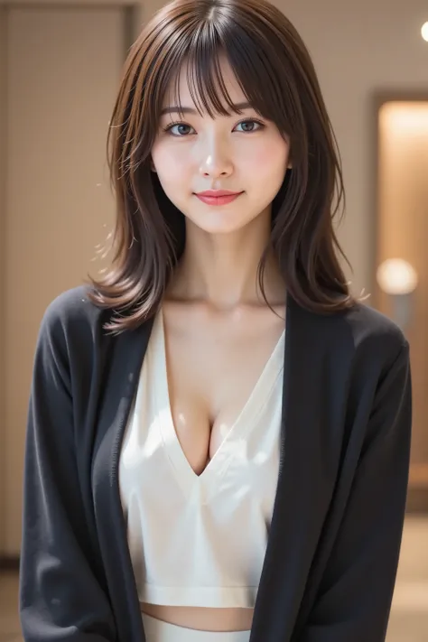 The face is positioned exactly in the center of the image ,  black hair , Tight Chest 、, the entire head is fully reflected , Face clearly visible、white blouse with open chest collar and black jacket, Night Ladies Room Background, long hair per person、bung...