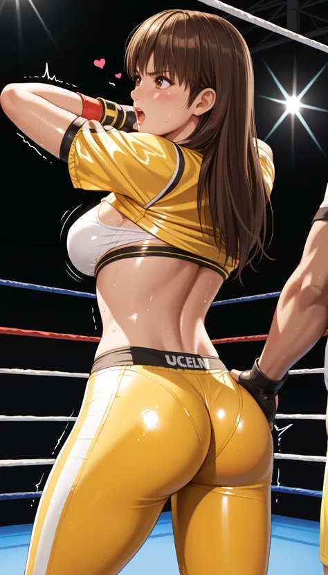 LeiFangDOA, brown hair, (long brown straight hair:1.5), shiny crop top, (shiny yellow leggings, undressing), short sleeves, fingerless gloves, breasts, looking back, armpits, gasp, be breathless, sweat, sparkling sweat, trembling, brown eyes, breasts, [[an...