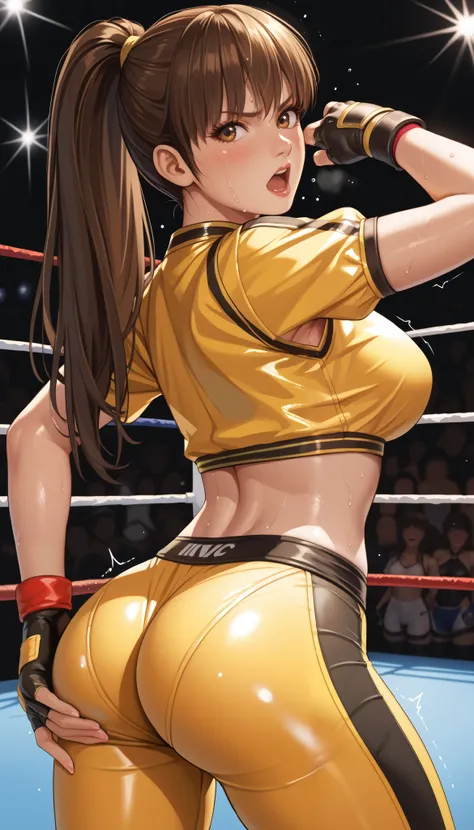 LeiFangDOA, brown hair, (long brown straight hair:1.5), shiny crop top, undressing shiny yellow leggings:1.5, short sleeves, fingerless gloves, breasts, looking back, armpits, gasp, be breathless, sweat, sparkling sweat, trembling, brown eyes, breasts, [[a...