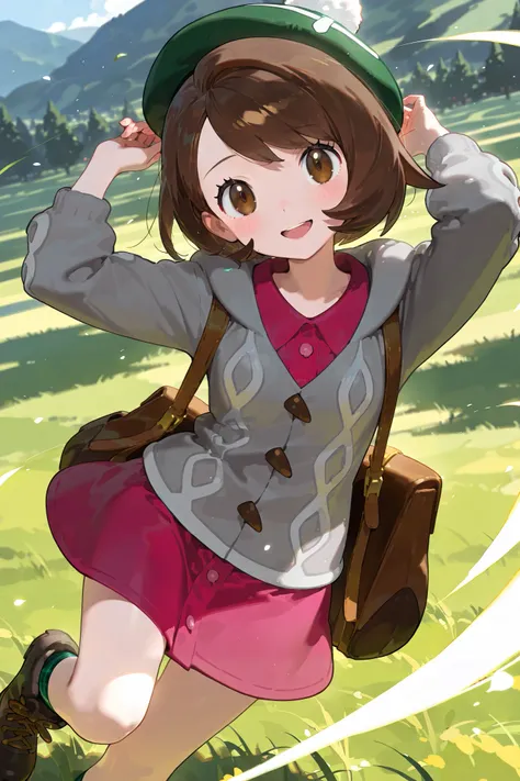 masterpiece, best quality, highres, gloria1, 1girl, gloria \(pokemon\), brown hair, solo, backpack, brown eyes, tam o' shanter, grey cardigan, pink dress, short hair, green socks, socks, brown bag, bob cut, bangs, long sleeves, collared dress, field, grass...
