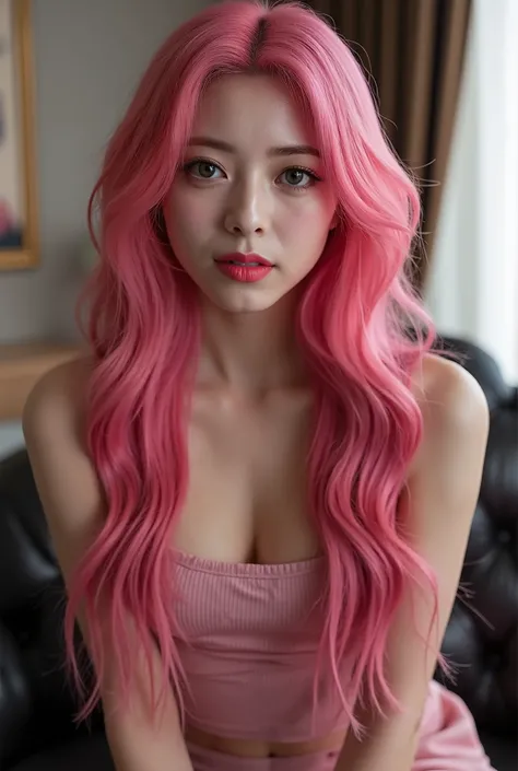 a beautiful girl with vibrant pink hair, detailed facial features, wearing a casual dress, looking directly at the viewer, blushing, biting her lip seductively, (best quality, 4k, 8k, highres, masterpiece:1.2), ultra-detailed, (realistic, photorealistic, p...