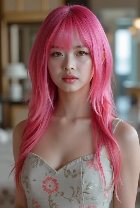 a beautiful girl with vibrant pink hair, detailed facial features, wearing a casual dress, looking directly at the viewer, blushing, biting her lip seductively, (best quality, 4k, 8k, highres, masterpiece:1.2), ultra-detailed, (realistic, photorealistic, p...
