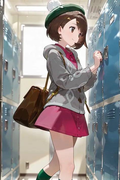 masterpiece, best quality, highres, gloria1, 1girl, gloria \(pokemon\), brown hair, solo, brown eyes, tam o' shanter, grey cardigan, pink dress, short hair, green socks, socks, brown bag, bob cut, bangs, long sleeves, collared dress,cowboy shot,smile,locke...