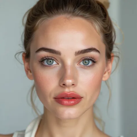 Face photography of a woman with closed mouth, HDR, ultra quality, highly detailed, skin texture and pores visible:
• Eyes: Large, almond-shaped, slightly upturned, light blue with a dark limbal ring and a detailed radial pattern. Long, thick, naturally ...