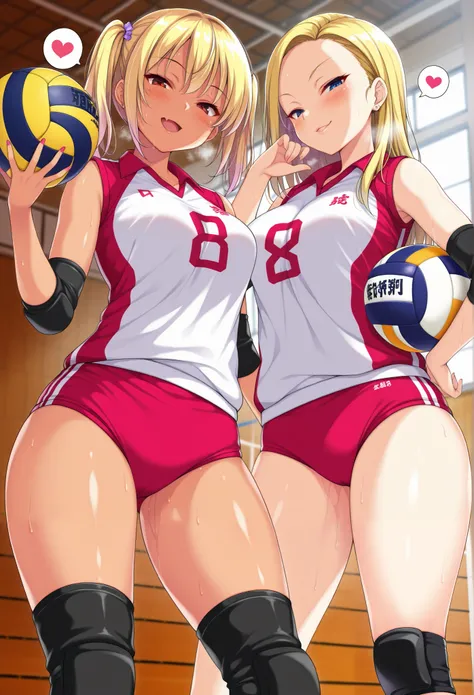 masterpiece, best quality, amazing quality, 2girls, gyaru, (holding ball:1.4),(seductive pose:1.4), (sexy pose:1.4), thick thighs, Collared volleyball uniforms, (buruma:1.4), volleyball knee pads, elbow sleeve, (old Full spherical 8.5" volleyball ball:1.4)...