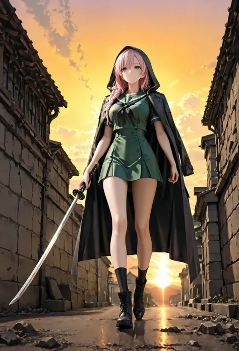 (masterpiece, best quality:1.2), a woman, solo, walking, looking for forward, Full body, from below, 
long hair, french braided on top hair, light pink hair, green eyes, detailed eyes, 
BREAK job: Assassin, 
Costume: light green sailor uniform, short skirt...