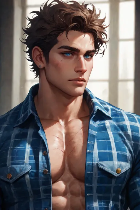 A dramatic, semi-realistic anime-style portrait of a muscular man with dark brown messy hair and piercing blue eyes, set in a dimly lit, cluttered apartment in Bristol. The room is filled with scattered takeout boxes, old newspapers, and a broken chair in ...