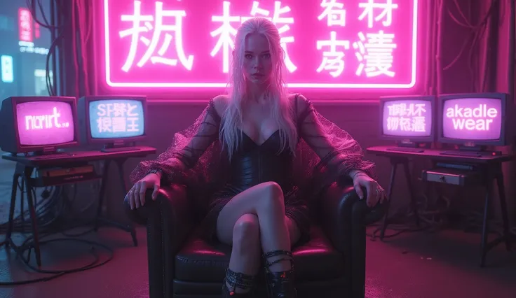 A futuristic cyberpunk albino woman, (white pale skin), sitting confidently in a dark leather chair in a neon-lit cityscape. She has long, slicked-back silver hair with cybernetic enhancements visible on her body. She wears a deep-cut black bodysuit with a...