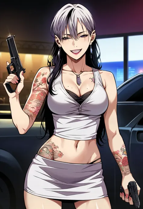 score_9, score_8_up, score_7_up, score_6_up, score_5_up, score_4_up, rating_questionable, , source_anime, digital illustration, pixiv, fanbox, uncensored, , BREAK, official art,
1girl, solo, mature female, kaneshiro,,white hair, black hair, long hair, [[[t...