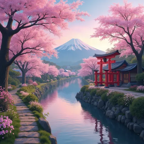 A breathtaking Japanese spring landscape featuring delicate cherry blossoms in full bloom, their soft pink petals gently falling in the breeze. A serene river reflects the pastel hues of the sunset, with a traditional red torii gate standing gracefully at ...