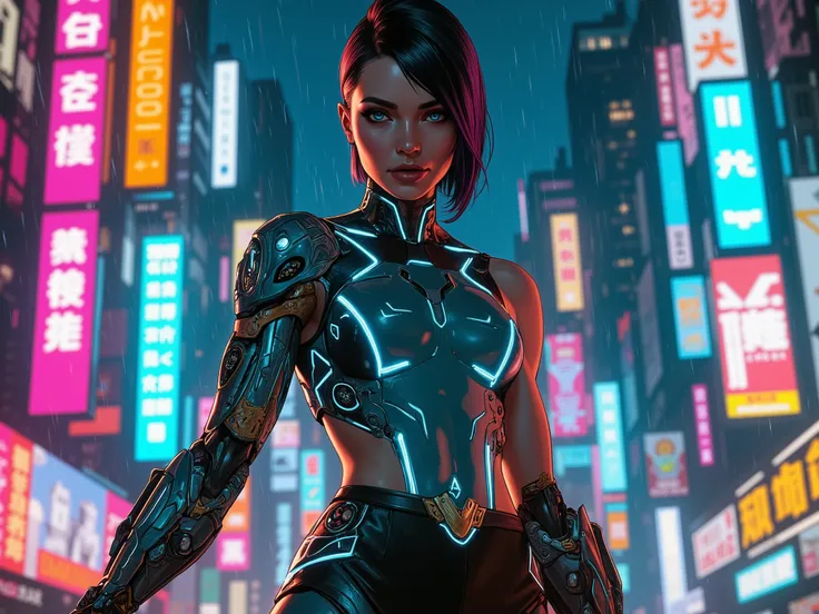 A stunningly attractive and badass female character of Asian descent, young adult, with a muscular and athletic physique, exuding confidence and strength. Her face features sharp, sculpted cheekbones, piercing eyes with a neon teal glow, and a serious, det...
