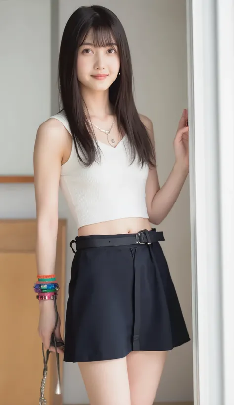 best quality, 8k, masterpiece, Ultra High Resolution, (photorealistic: 1.4), RAW photo, ( brown hair 、Bright and long hair ), (wearing knit strap tanktop, micro skirts), (Tied at the waist:1.3), slim abs: 1.1, (((Standing leaning forward in the classroom、o...