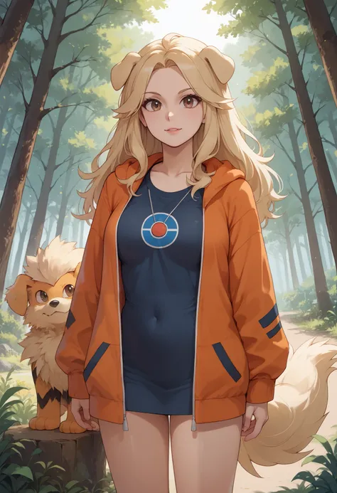 (Masterpiece) (High Detail) (High Res) A curvy slim Humanoid canine female with pale human skin and brown eyes and long blonde straight hair and fluffy blonde floppy golden retriever dog canine ears and a long fluffy blonde golden retriever dog canine tail...