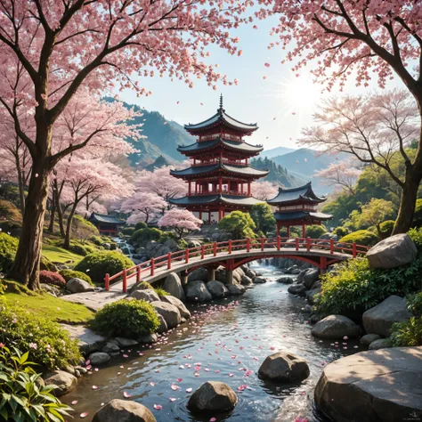 A serene Japanese spring landscape featuring cherry blossom trees in full bloom, a peaceful temple nestled among lush greenery, and traditional wooden bridges crossing a gentle stream. The scene is bathed in soft sunlight, with delicate petals floating in ...