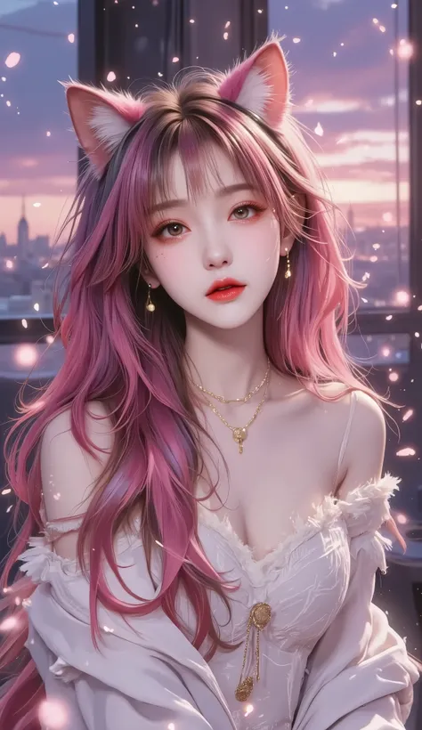 core character:英雄联盟kand女团阿狸(Long pink gradient hair+Fox Beast Ears+Gold earrings+off-the-shoulder sequin tights+Nine Tail Effects),Fascinating Cat Eye Makeup+Shining Lip Gloss,The skin is radiant and delicate
Scene construction:neon holographic stage backg...