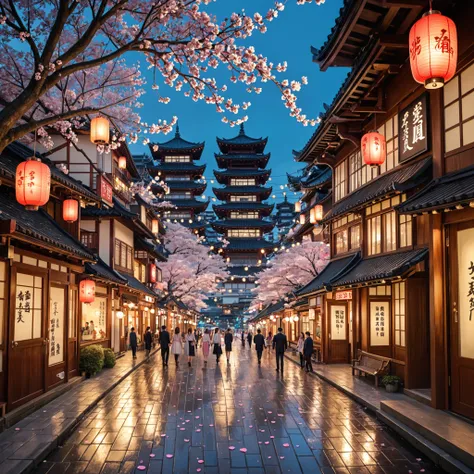 A stunning Japanese cityscape in spring, where cherry blossoms in full bloom line the bustling streets. Soft pink petals drift through the air as neon signs and traditional paper lanterns glow in the evening. A quiet canal reflects the lights of modern sky...