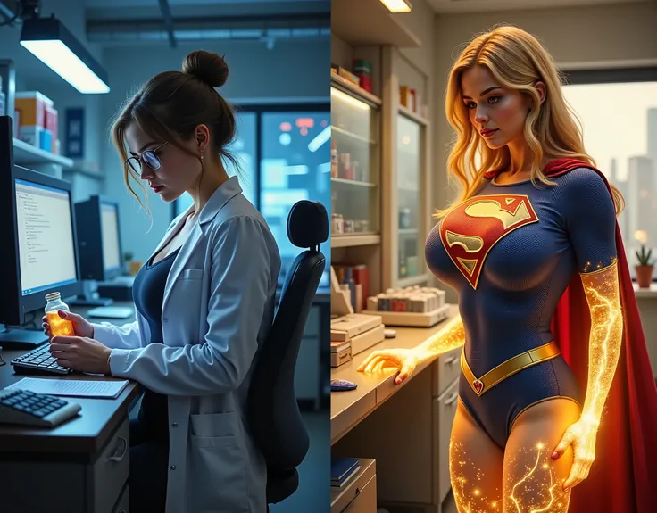 2 IMAGES (LEFT SIDE IMAGE 1: The Accident AND The Birth of Supergirl) Inside a high-tech, top-secret laboratory, a brilliant but socially awkward young scientist works tirelessly into the night, her blonde hair in a messy bun, glasses slipping down her nos...