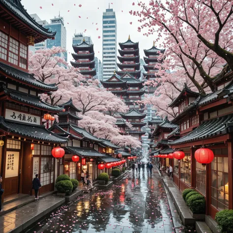 A stunning Japanese cityscape in spring, where cherry blossoms in full bloom line the bustling streets. Soft pink petals drift through the air as modern skyscrapers and traditional temples stand side by side, blending history and innovation. Neon signs glo...