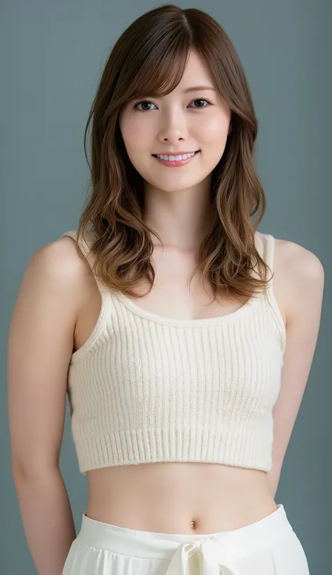 best quality, 8k, masterpiece, Ultra High Resolution, (photorealistic: 1.4), RAW photo, ( brown hair 、Bright and long hair ), (wearing knit strap tanktop), (Tied at the waist:1.3), slim abs: 1.1, (((Standing leaning forward in the classroom、open your legs ...