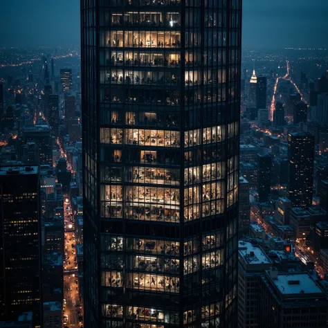 high quality realistic arial photo of a outside of a glass and concrete business skyscraper at night, with a corporate christmas party on one of the floors