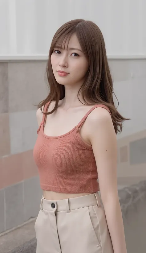 best quality, 8k, masterpiece, Ultra High Resolution, (photorealistic: 1.4), RAW photo, ( brown hair 、Bright and long hair ), (wearing knit strap tanktop), (Tied at the waist:1.3), slim abs: 1.1, (((Standing leaning forward in the classroom、open your legs ...