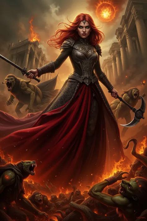 Amidst the fiery destruction of ancient Rome, the Vampire Queen stands tall, an unstoppable force of dark majesty. Her piercing emerald eyes glow with supernatural power as she hurls a massive fireball, its molten core casting hellish light across the batt...