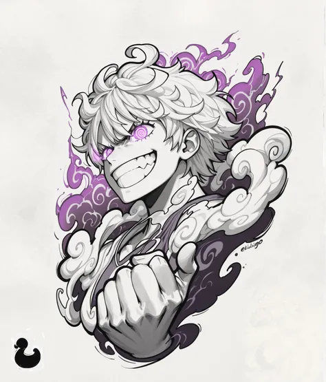 (masterpiece, best quality, ultra-detailed, professional design, centered composition, high-contrast shading, dramatic lighting), 
(Luffy Gear 5: soft curled white hair, spiral glowing eyes, luffy teeth grin, intense expression, eiichigo oda anime-style sh...