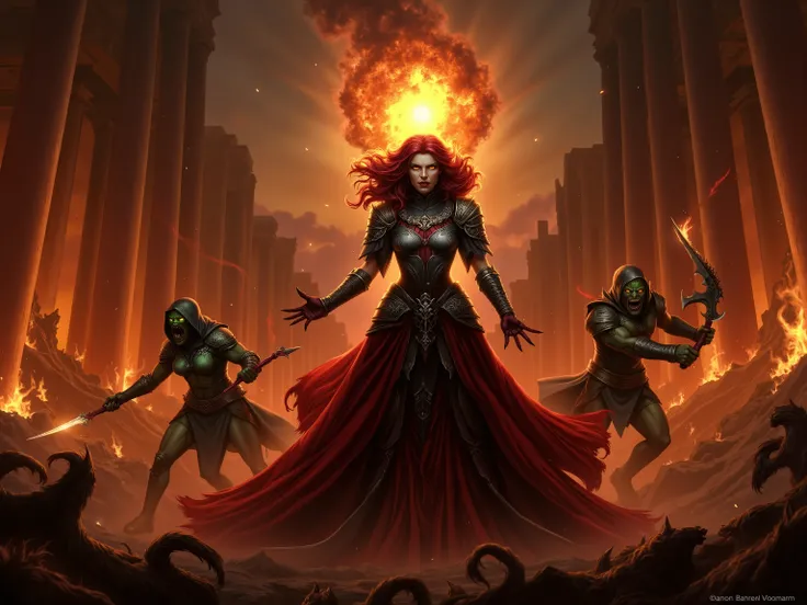 Amidst the fiery destruction of ancient Rome, the Vampire Queen stands tall, an unstoppable force of dark majesty. Her piercing emerald eyes glow with supernatural power as she hurls a massive fireball, its molten core casting hellish light across the batt...