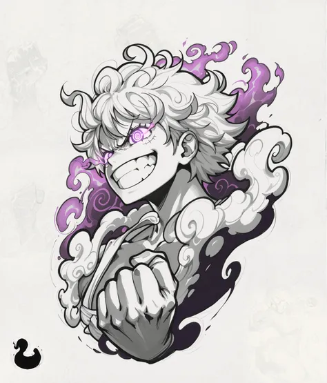 (masterpiece, best quality, ultra-detailed, professional design, centered composition, high-contrast shading, dramatic lighting), 
(Luffy Gear 5: soft simple white hair, spiral glowing eyes, luffy teeth grin, intense expression, eiichigo oda anime-style sh...