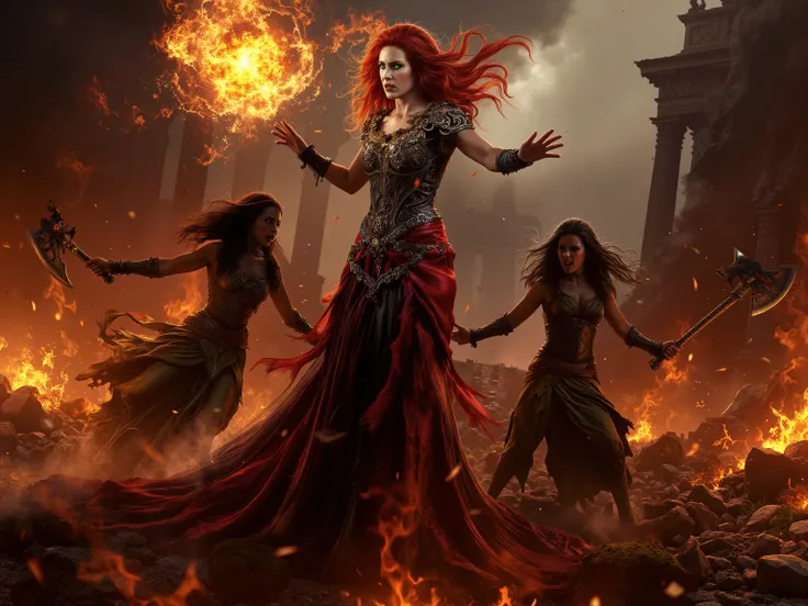 Amidst the fiery destruction of ancient Rome, the Vampire Queen stands tall, an unstoppable force of dark majesty. Her piercing emerald eyes glow with supernatural power as she hurls a massive fireball, its molten core casting hellish light across the batt...