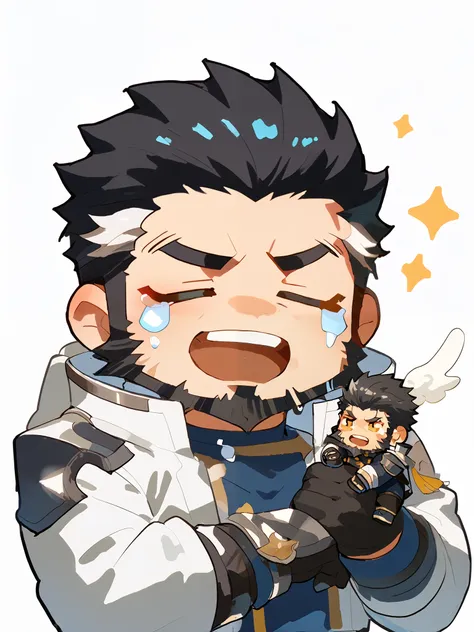 boy, short hair, black hair, white streak, Gloves , scar,'s only, beard, unclothed, Mini , cute,Unhappy,cry, chibi