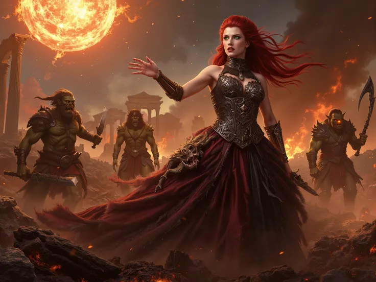 Amidst the fiery destruction of ancient Rome, the Vampire Queen stands tall, an unstoppable force of dark majesty. Her piercing emerald eyes glow with supernatural power as she hurls a massive fireball, its molten core casting hellish light across the batt...