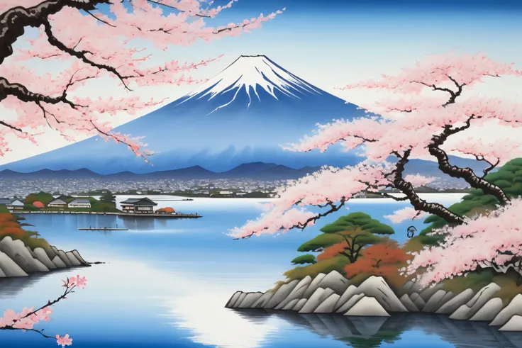 lakeと桜のある山の絵, Fuji choko, mount Fuji on the background, mount Fuji, Nagai Hiroshi , inspired by Obara Koson, m . Fuji, hiroya oku painterly, Japanese art, by Hiroshi Nagai, Cherry Blossom Petals Dancing, mountain Fuji on the background, Japanese Scenery ...