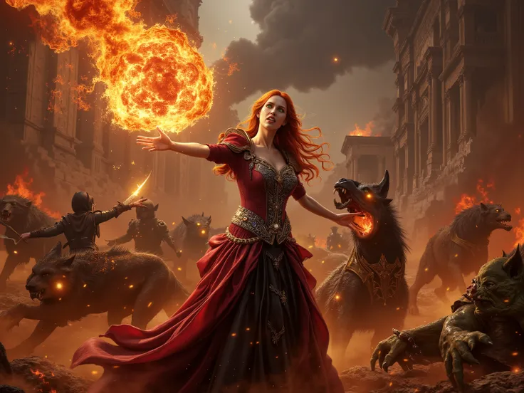 Amidst the fiery destruction of ancient Rome, the Vampire Queen stands tall, an unstoppable force of dark majesty. Her piercing emerald eyes glow with supernatural power as she hurls a massive fireball, its molten core casting hellish light across the batt...