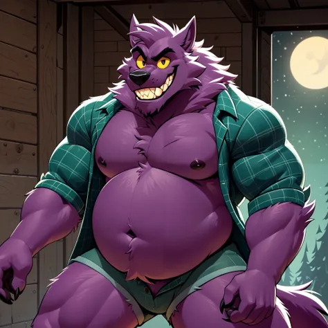 1boy, Bernard_Mettle, solo, werewolf, muscular, purple fur yellow sclera, big belly, navel, black nose, teal flannel shirt, visible chest, grin, close up, masterpiece, best quality, full body, sfw