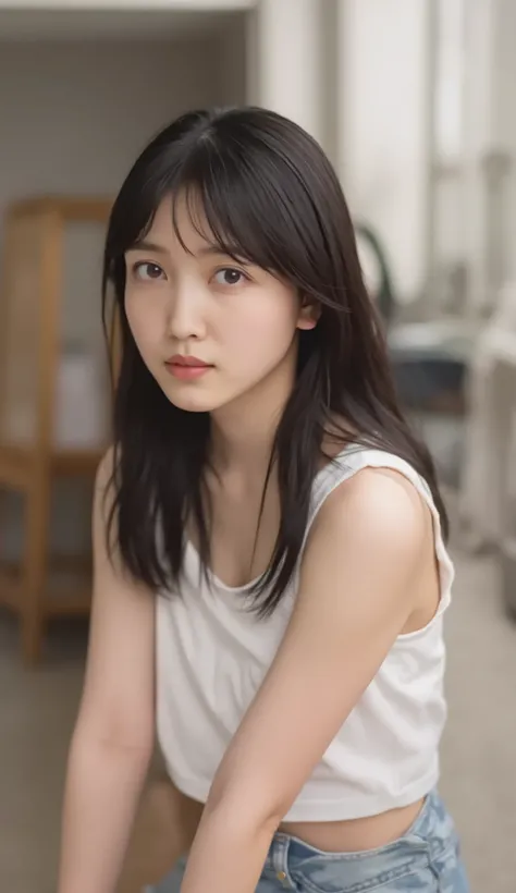 best quality, 8k, masterpiece, Ultra High Resolution, (photorealistic: 1.4), RAW photo, ( brown hair 、Bright and long hair ), (wearing tank top), (Tied at the waist:1.3), slim abs: 1.1, (((Standing leaning forward in the classroom、open your legs ))),((((br...