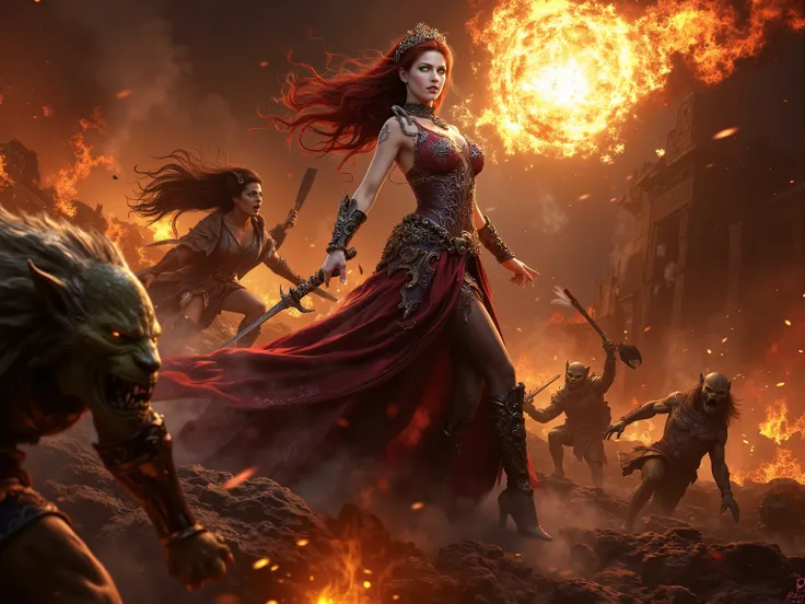 Amidst the fiery destruction of ancient Rome, the Vampire Queen stands tall, an unstoppable force of dark majesty. Her piercing emerald eyes glow with supernatural power as she hurls a massive fireball, its molten core casting hellish light across the batt...