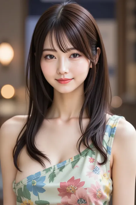with the face positioned accurately in the center of the image, Upper chest, fine, clean skin、head is fully reflected with tight tension, face is clearly visible as a full body shot, one-shoulder colorful dress, night background、long black hair around my...