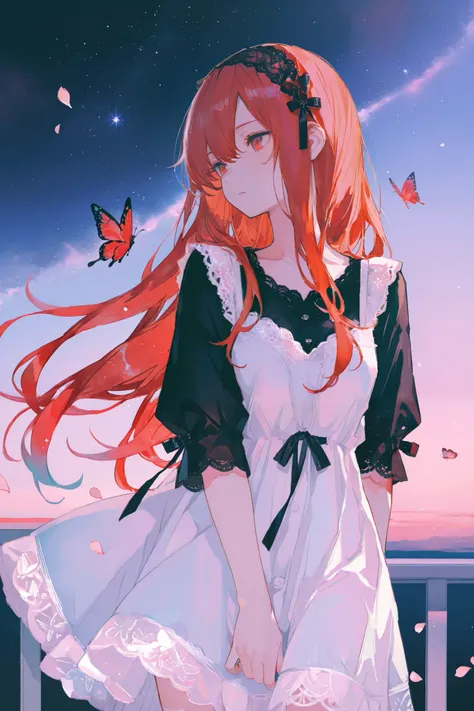 masterpiece, best quality, ultra detailed black shirt, an anime-style scene featuring a young woman with long hair, flowing and big red hair, bright red eyes. She stands in space with stars in the background her soft and curious expression as she looks ove...