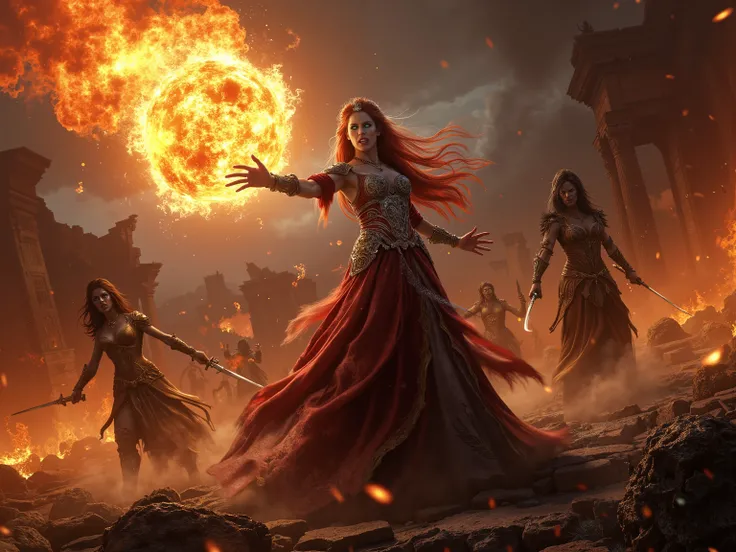 Amidst the fiery destruction of ancient Rome, the Vampire Queen stands tall, an unstoppable force of dark majesty. Her piercing emerald eyes glow with supernatural power as she hurls a massive fireball, its molten core casting hellish light across the batt...